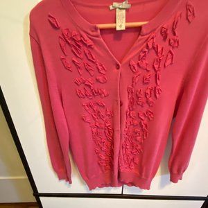 DownEast Pink Floral Applique Cardigan Sweater